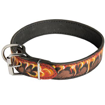 Buckle Leather Dog Collar with Fire Flames for Amstaff