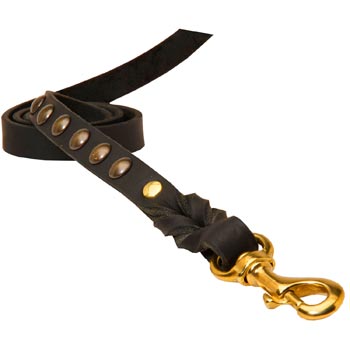 Leather Dog Leash Studded Equipped with Strong Brass Snap Hook for Amstaff