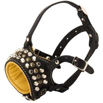 Adjustable Leather Amstaff Muzzle with Studs for Walking Dog 